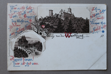 Ansichtskarte Litho AK Eisenach Gruß von der Wartburg 1895-1899 Burg Restaurant Sprüche Ortsansicht Architektur Thüringen